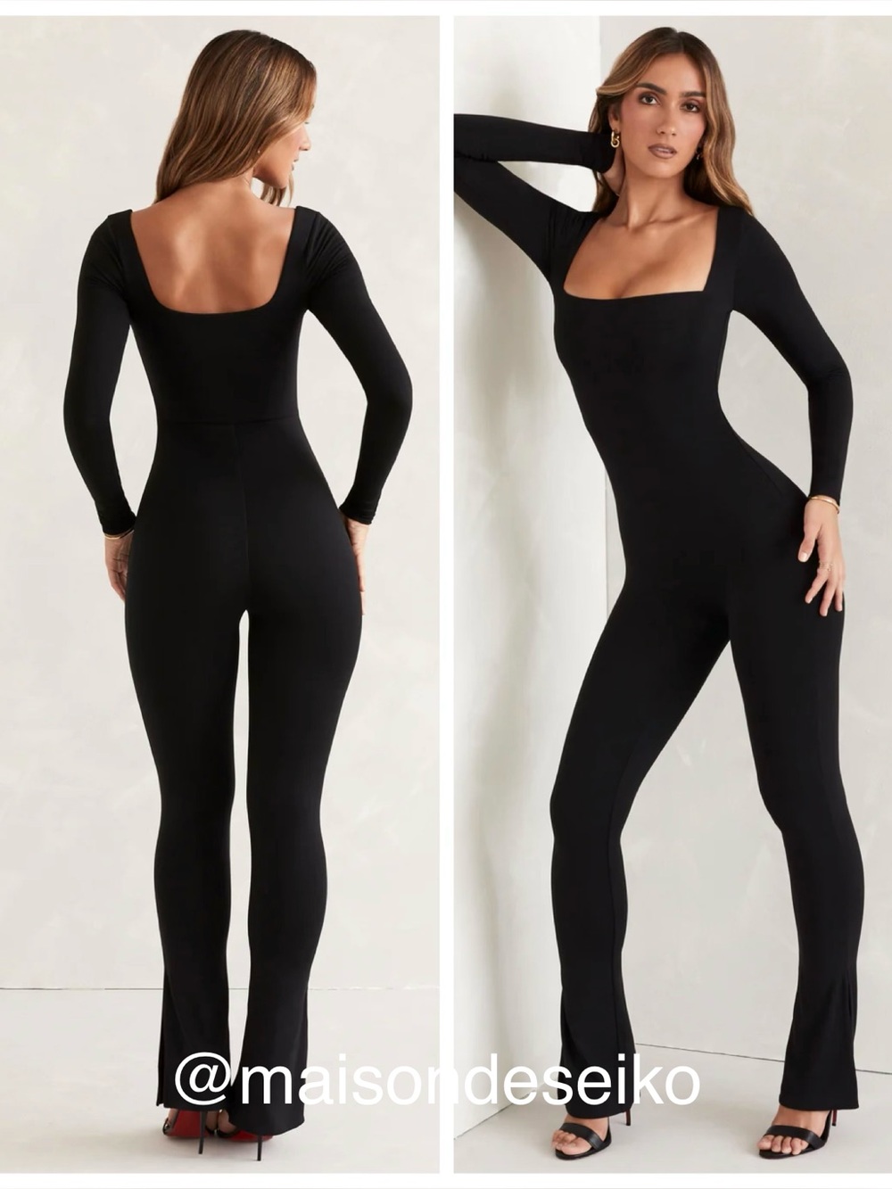NWT Oh Polly Black Jett Long Sleeve Square Neck Flare Jumpsuit size 2